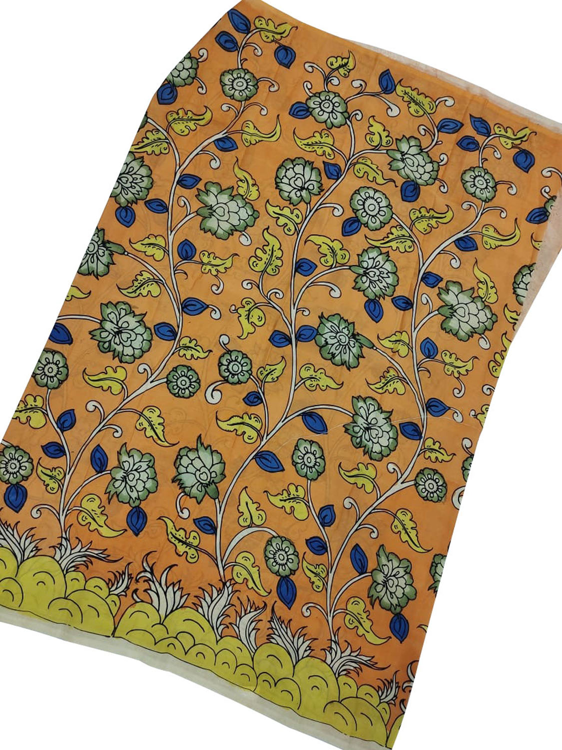 Orange Kalamkari Hand Painted Bangalore Silk Fabric - Luxurion World