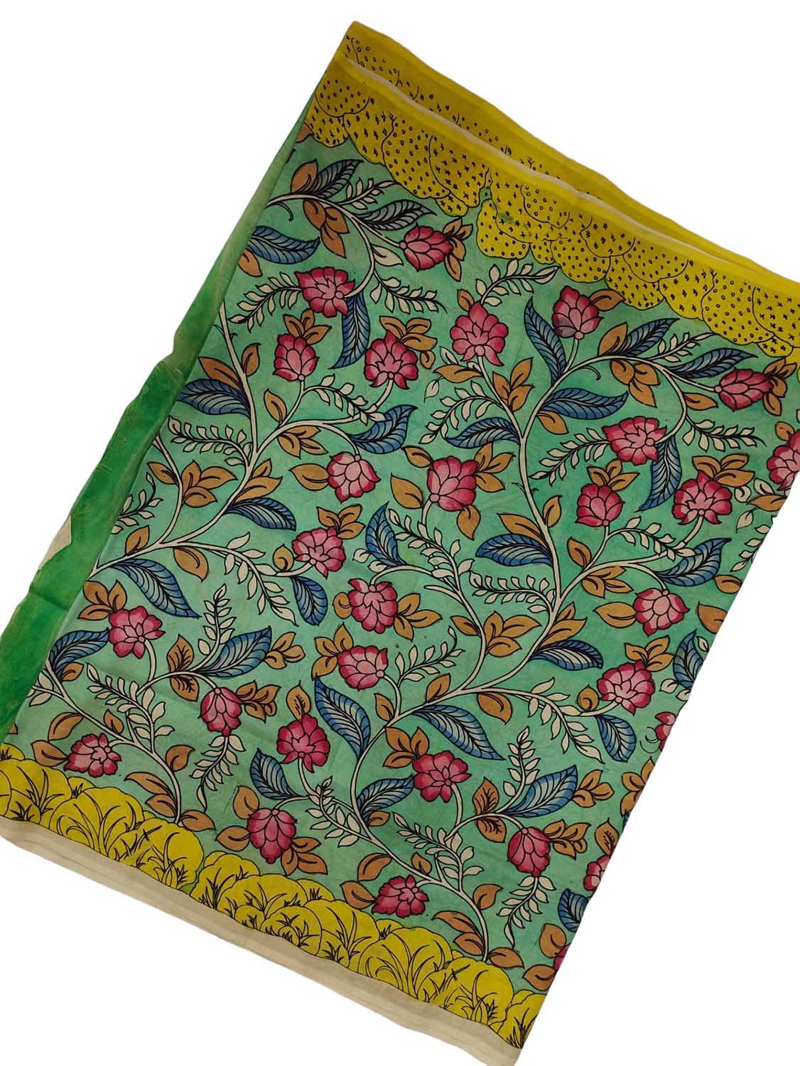 Green Hand-painted Kalamkari Bangalore Silk Fabric - 1 Mtr - Luxurion World