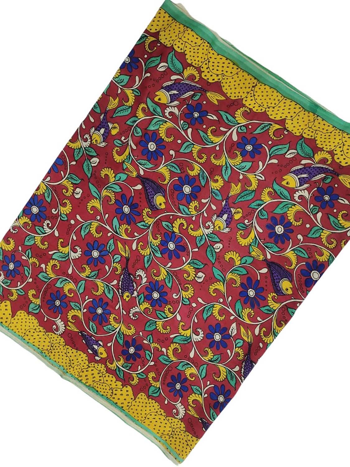 Red Hand-painted Kalamkari Bangalore Silk Fabric - 1 Mtr - Luxurion World