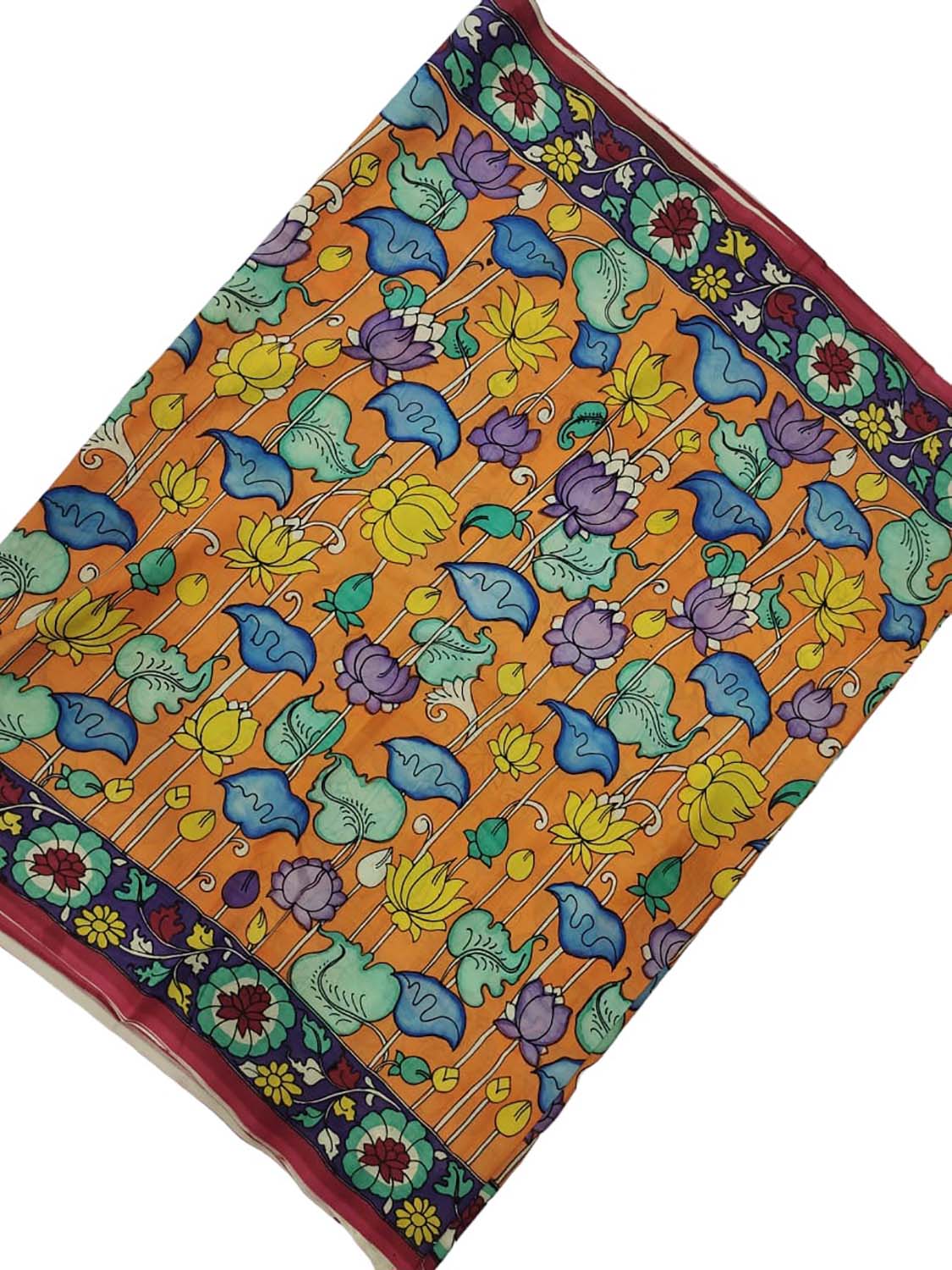 Orange Kalamkari Hand Painted Bangalore Silk Fabric (1 Mtr) - Luxurion World