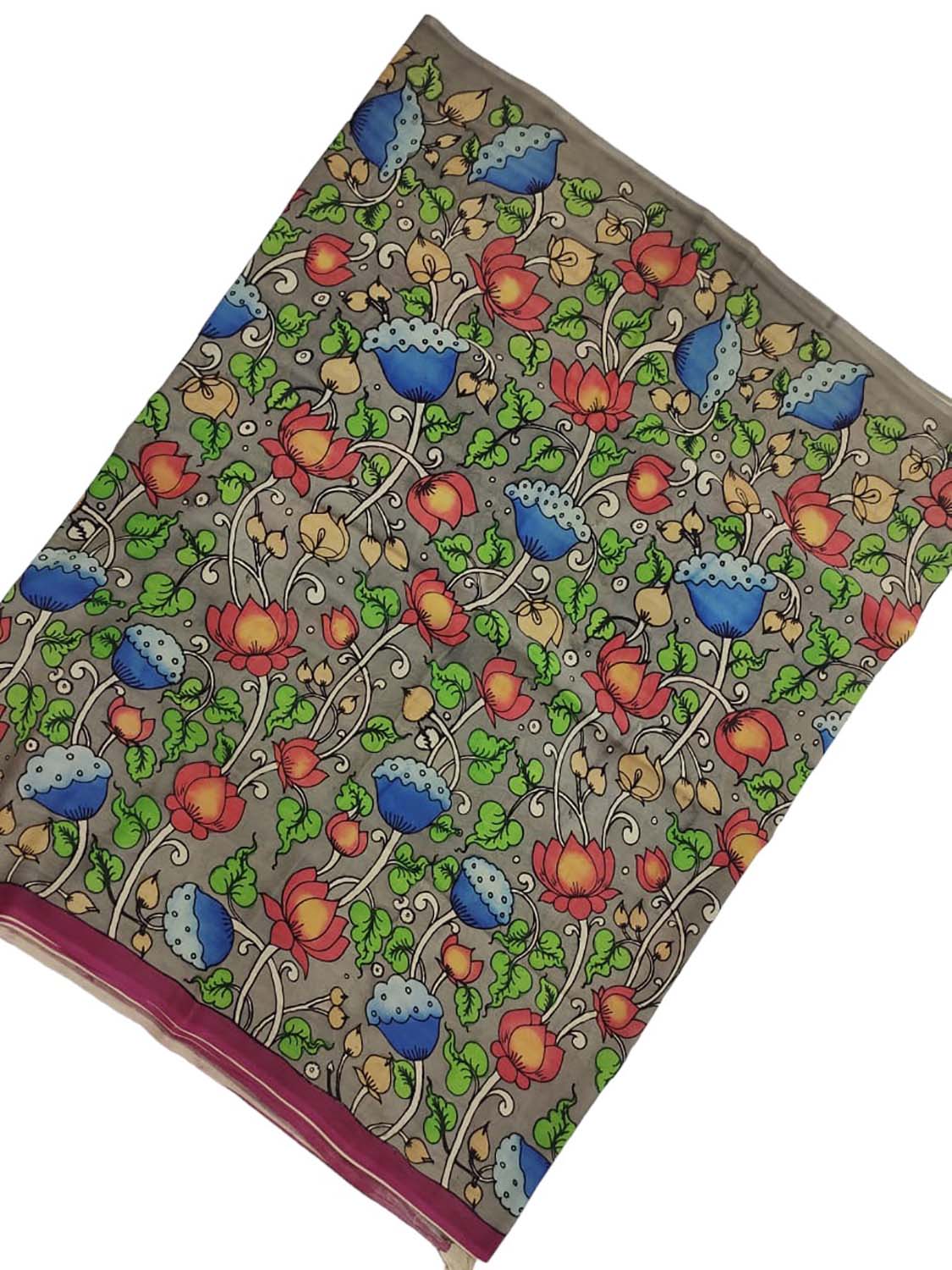 Grey Kalamkari Hand Painted Bangalore Silk Fabric - Professional Quality (1 Mtr) - Luxurion World