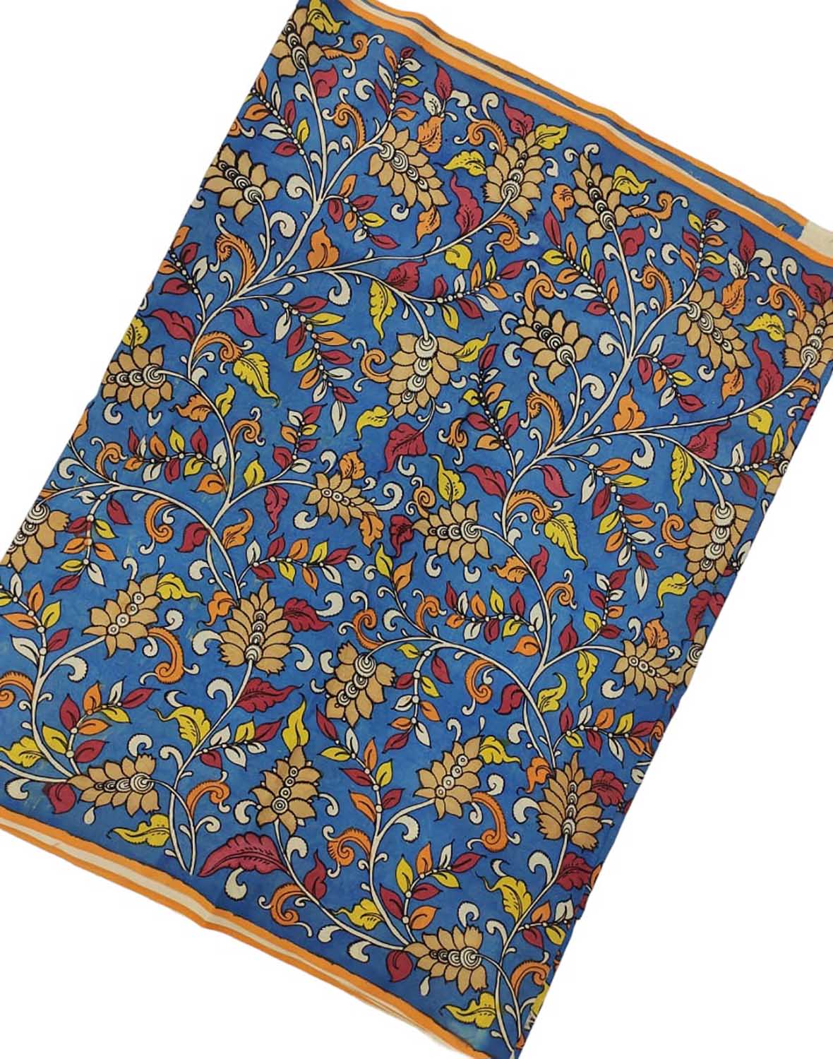 Hand Painted Bangalore Silk Fabric - Blue Kalamkari (1 Mtr) - Professional Quality - Luxurion World