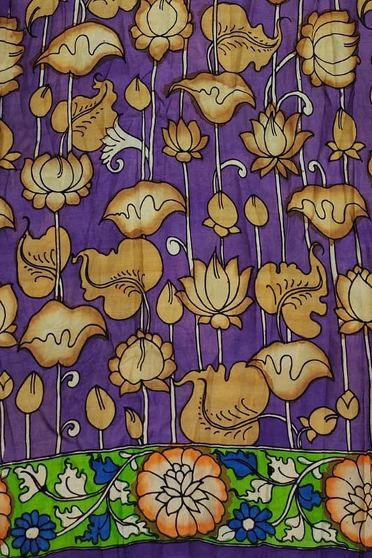 Purple Kalamkari Hand Painted Pure Bangalore Silk Fabric (1 mtr)