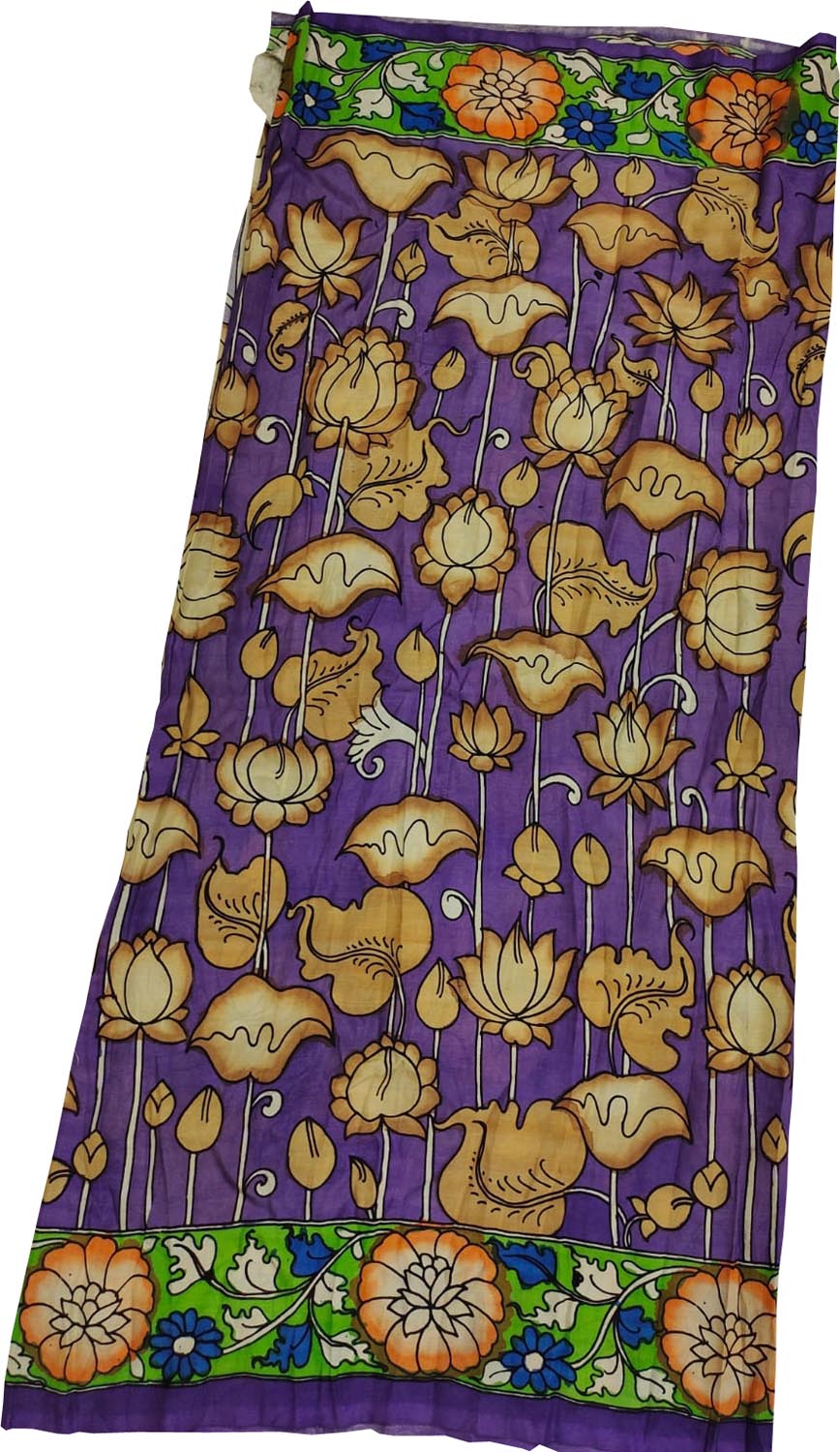 Purple Kalamkari Hand Painted Pure Bangalore Silk Fabric (1 mtr) - Luxurion World