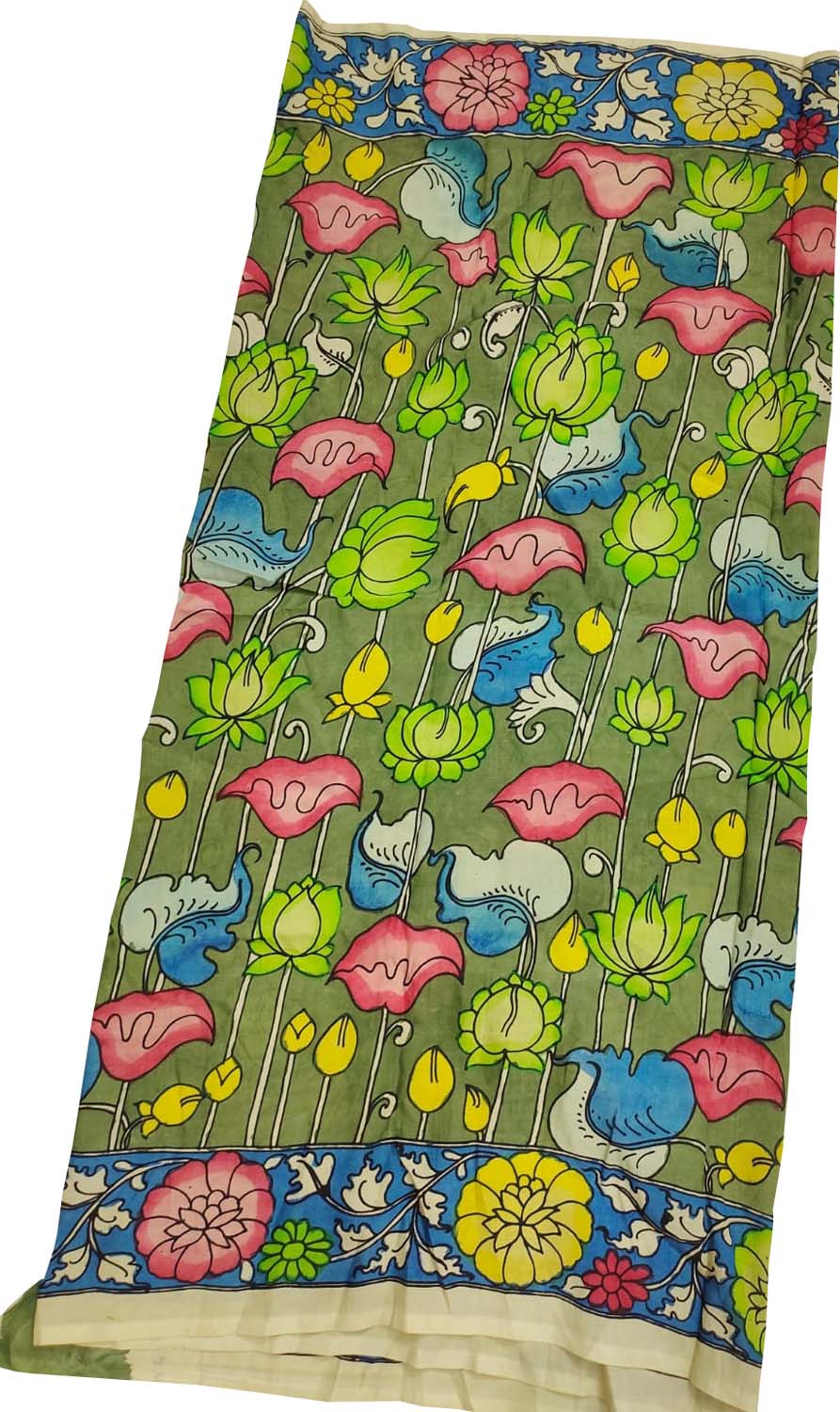Green Kalamkari Hand Painted Pure Bangalore Silk Fabric (1 mtr) - Luxurion World