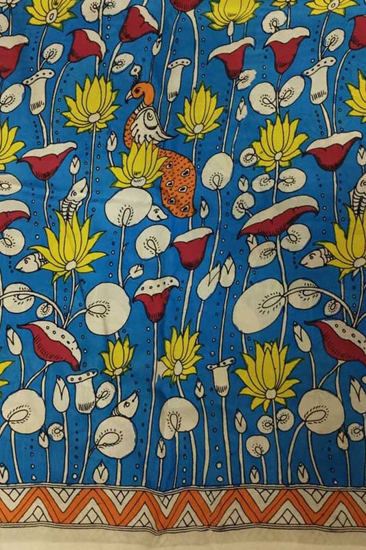 Blue Kalamkari Hand Painted Pure Bangalore Silk Fabric (1 mtr) - Luxurion World