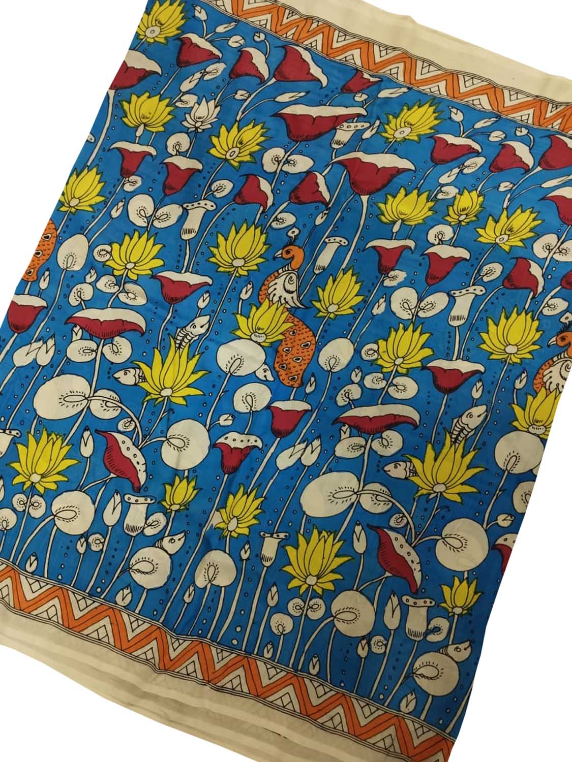 Blue Kalamkari Hand Painted Pure Bangalore Silk Fabric (1 mtr) - Luxurion World