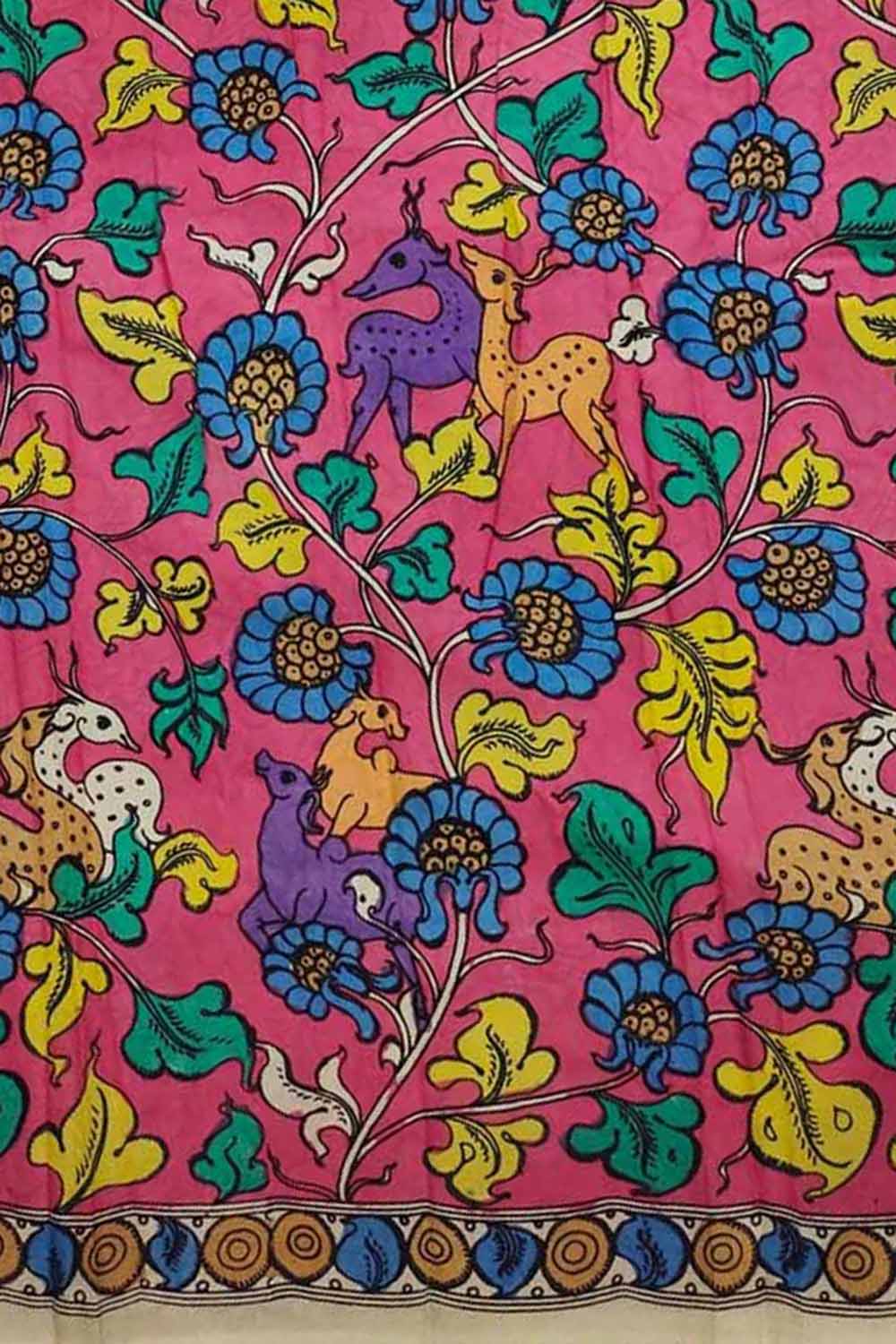 Pink Kalamkari Hand Painted Pure Bangalore Silk Fabric (1 mtr) - Luxurion World