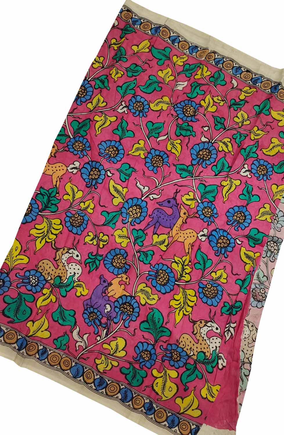 Pink Kalamkari Hand Painted Pure Bangalore Silk Fabric (1 mtr) - Luxurion World