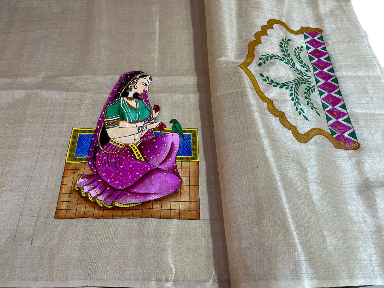 Pastel Hand Painted Madhubani Royal Mughal Art Pure Tussar Silk Unstitched Blouse Fabric ( 1 Mtr ) - Luxurion World