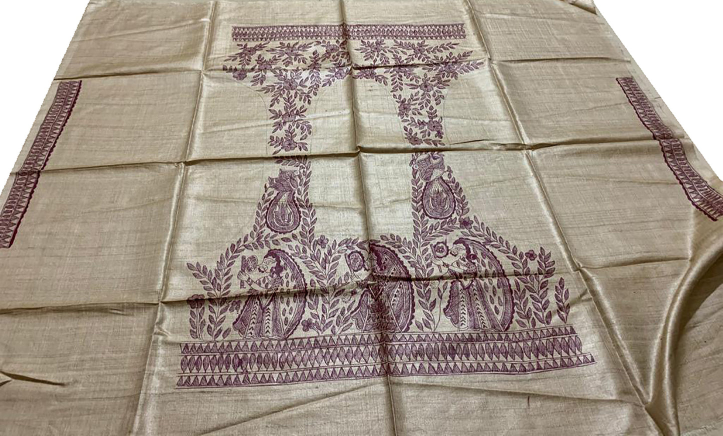 Pastel Hand Painted Madhubani Pure Tussar Silk Unstitched Blouse Fabric - Luxurion World