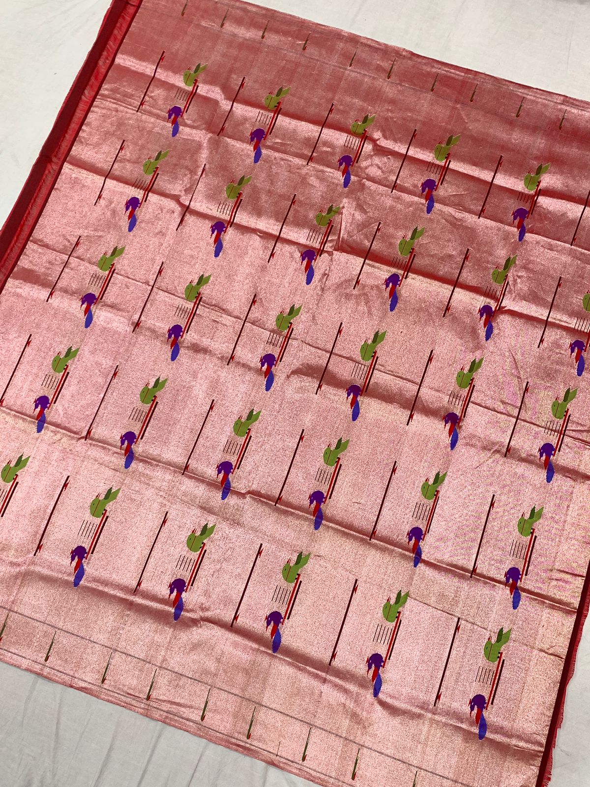 Red Handloom Brocade Paithani Pure Silk Blouse Piece Fabric ( 1 Mtr ) - Luxurion World