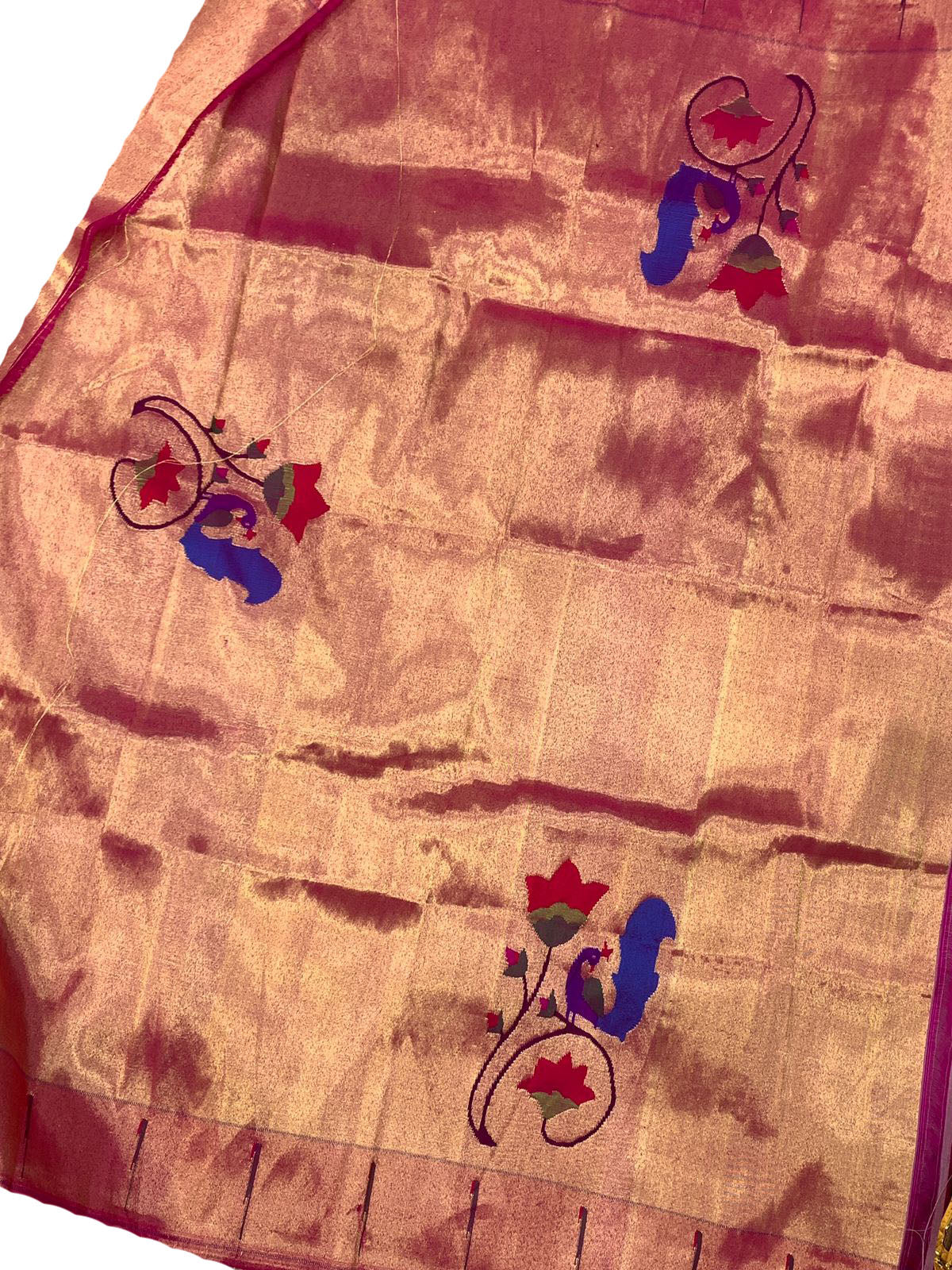 Pink Handloom Paithani Pure Silk Blouse Piece Peacock Design Fabric - Luxurion World