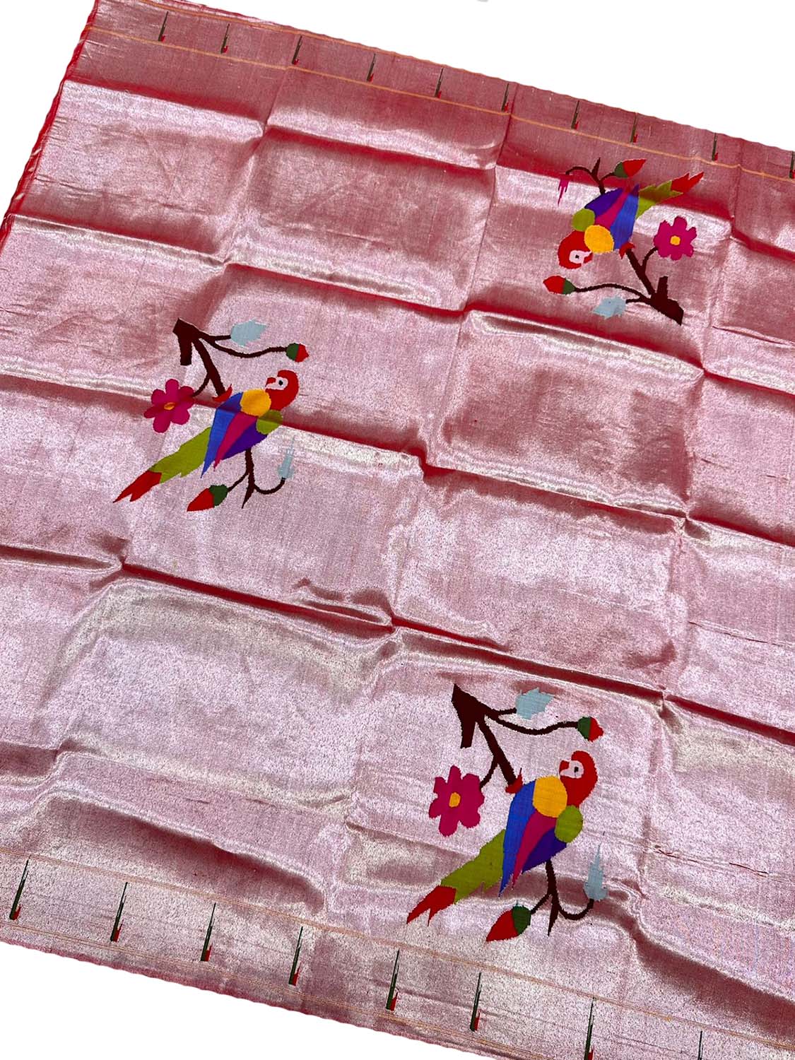 Stunning Red Handloom Paithani Silk Blouse Fabric - 1 Mtr - Luxurion World