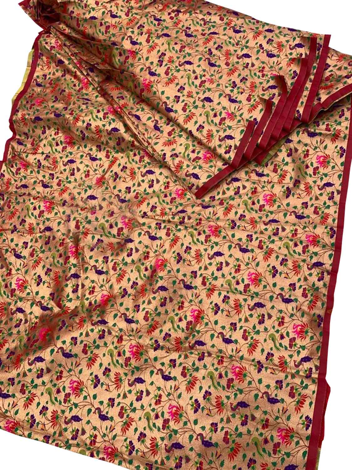 Golden Paithani Brocade Silk Peacock Design Fabric ( 1 Mtr ) - Luxurion World