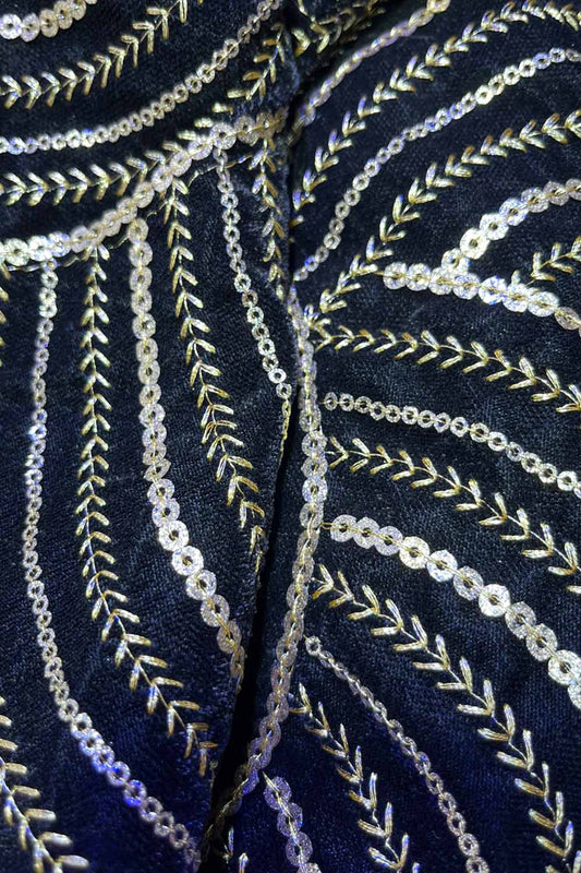 Black Embroidered Trendy Velvet Sequins Work Fabric ( 1 Mtr ) - Luxurion World
