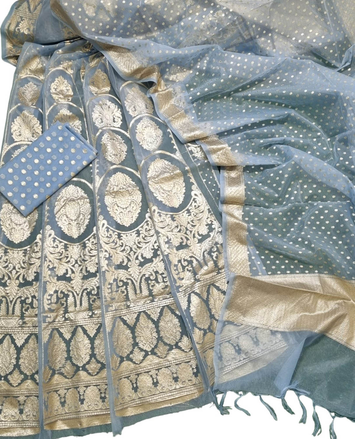 Stunning Blue And Grey Banarasi Organza Silk Lehenga Set - Unstitched Beauty - Luxurion World