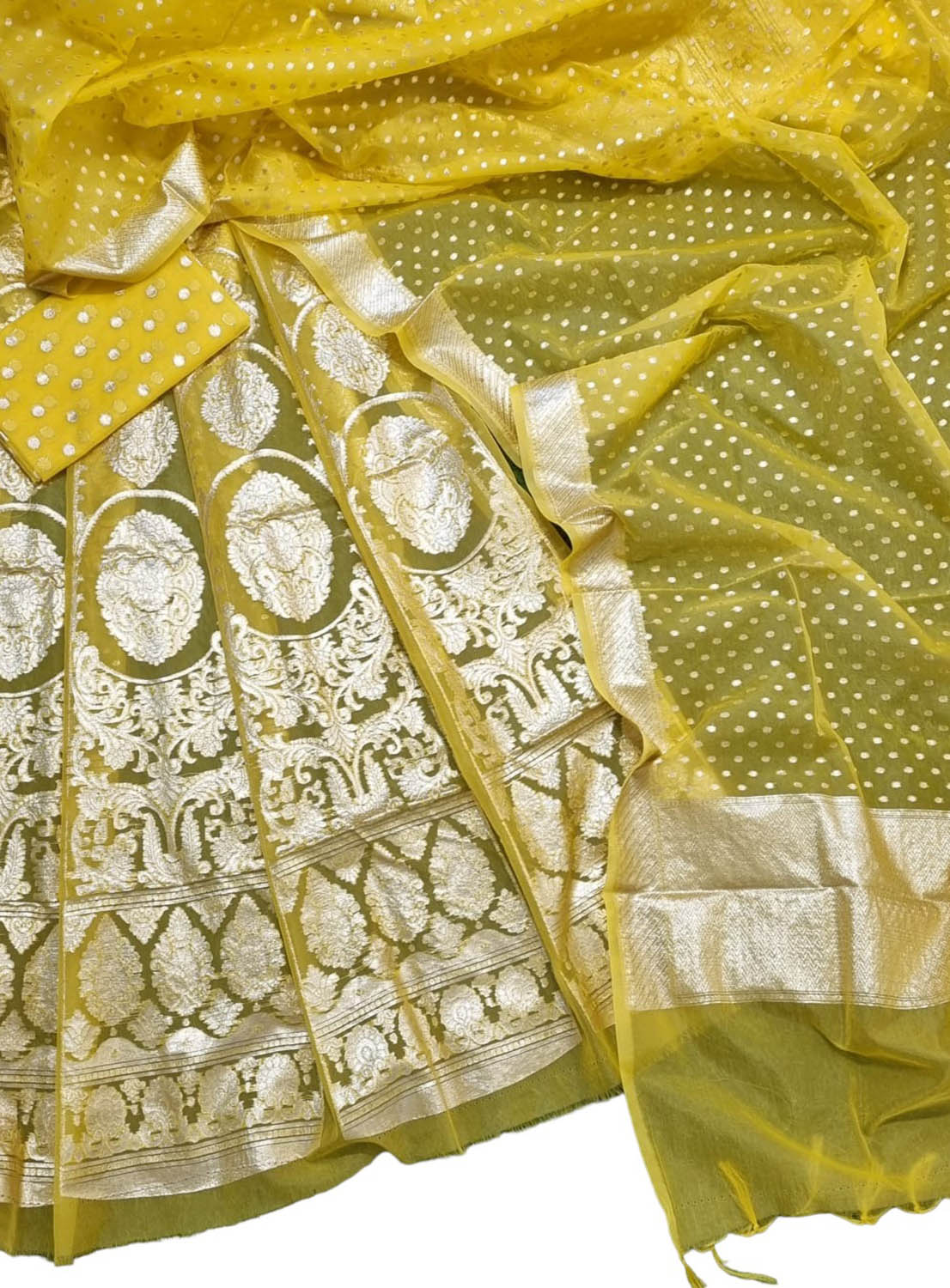 Stunning Yellow Banarasi Organza Silk Lehenga Set - Unstitched Beauty - Luxurion World