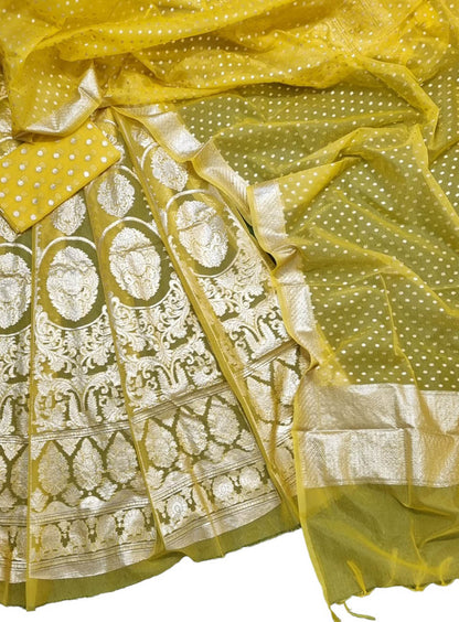 Stunning Yellow Banarasi Organza Silk Lehenga Set - Unstitched Beauty - Luxurion World