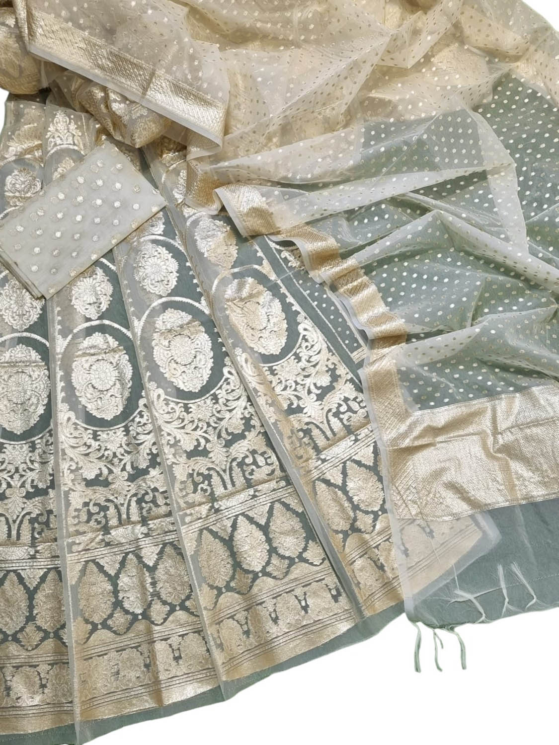 Pastel Banarasi Organza Silk Lehenga Set - Unstitched Elegance - Luxurion World