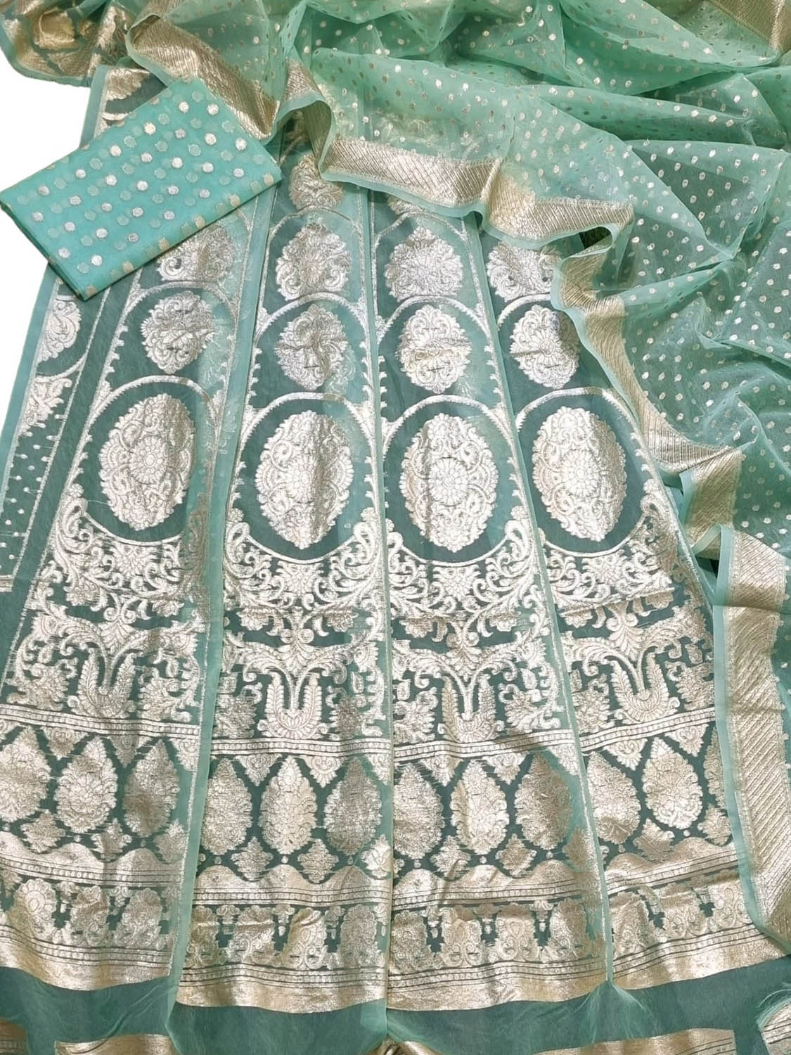 Stunning Blue Banarasi Organza Silk Lehenga Set - Unstitched Beauty - Luxurion World