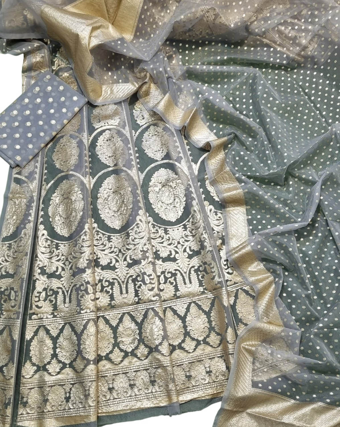 Graceful Grey Banarasi Organza Silk Lehenga Set - Unstitched - Luxurion World