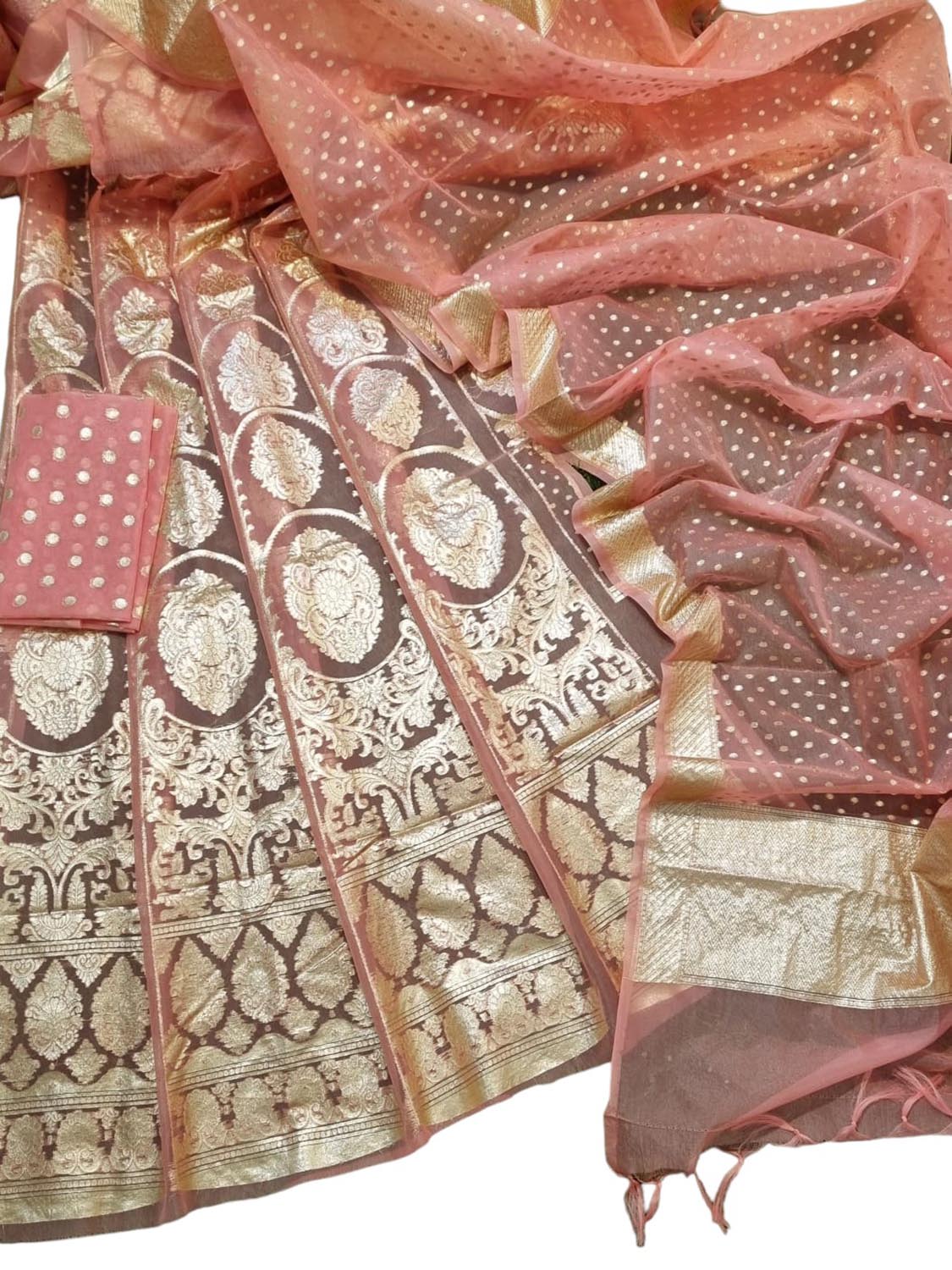 Stunning Pink Banarasi Organza Silk Lehenga Set - Unstitched - Luxurion World