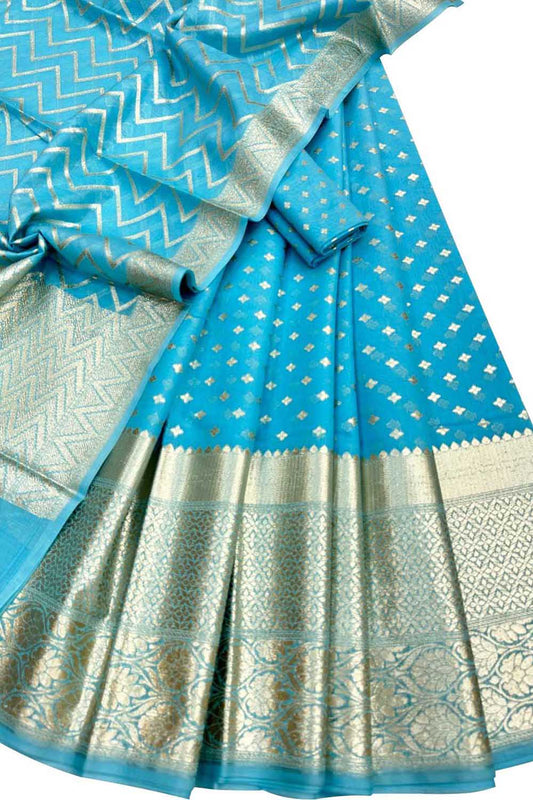 Stunning Blue Banarasi Chanderi Lehenga Set with Dupatta - Unstitched - Luxurion World