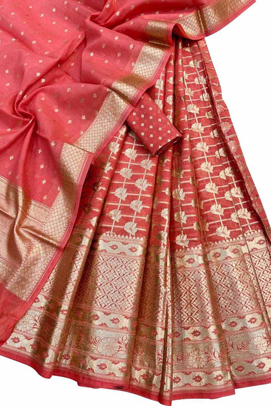 Pink Banarasi Chanderi Silk Unstitched Lehenga Set With Dupatta - Luxurion World