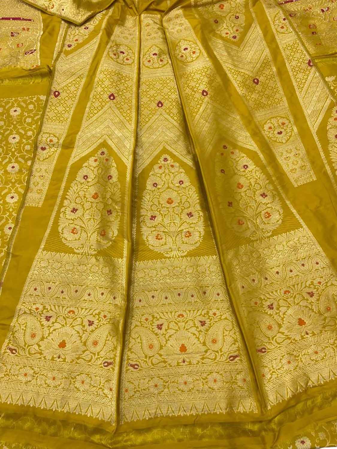 Radiant Yellow Banarasi Katan Silk Lehenga Set - Unstitched - Luxurion World