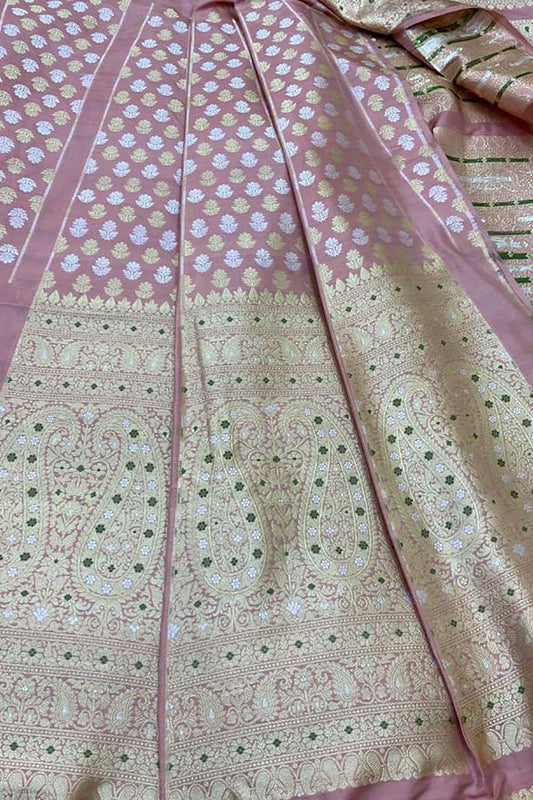 Exquisite Pink Banarasi Katan Silk Lehenga Set - Unstitched