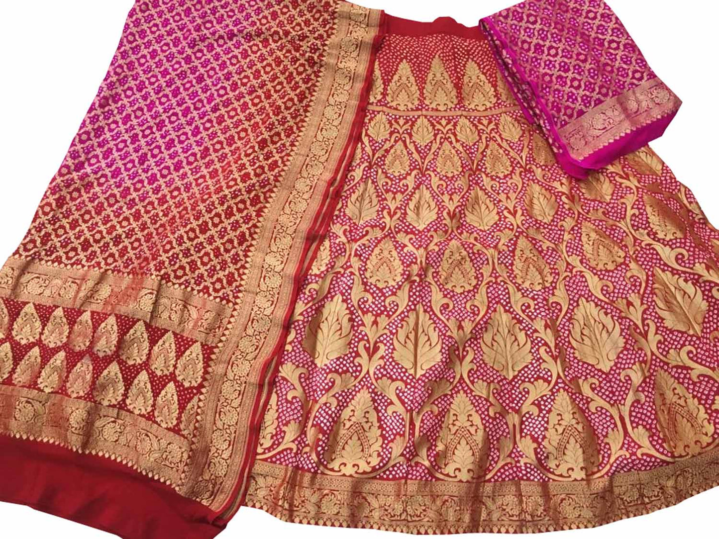 Red And Pink Banarasi Bandhani Pure Georgette Semi Stitched Lehenga - Luxurion World