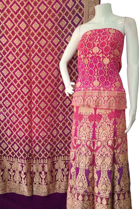 Pink And Purple Banarasi Bandhani Pure Georgette Unstitched Lehenga Set - Luxurion World