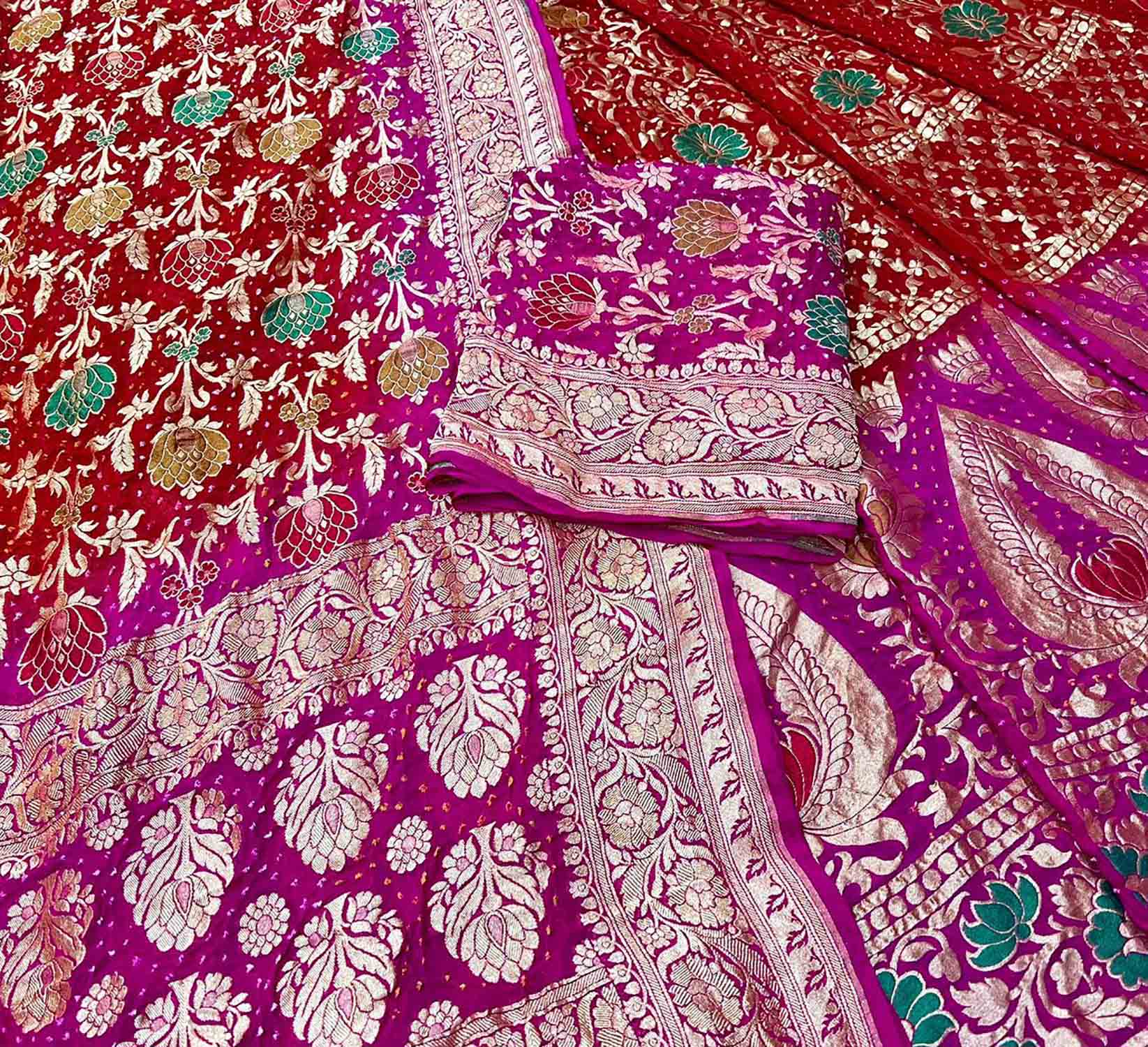 Pink Banarasi Bandhani Pure Georgette Unstitched Lehenga Set - Luxurion World