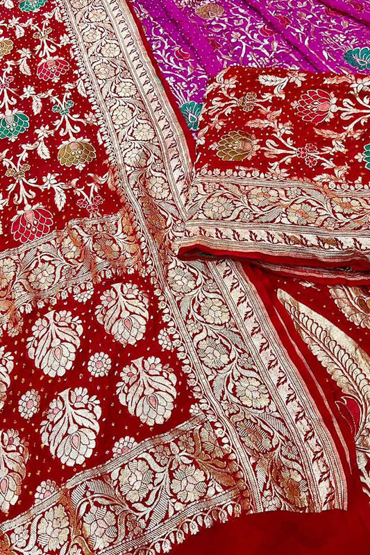 Pink And Red Banarasi Bandhani Pure Georgette Unstitched Lehenga Set - Luxurion World