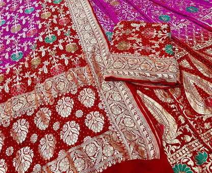Pink And Red Banarasi Bandhani Pure Georgette Unstitched Lehenga Set - Luxurion World