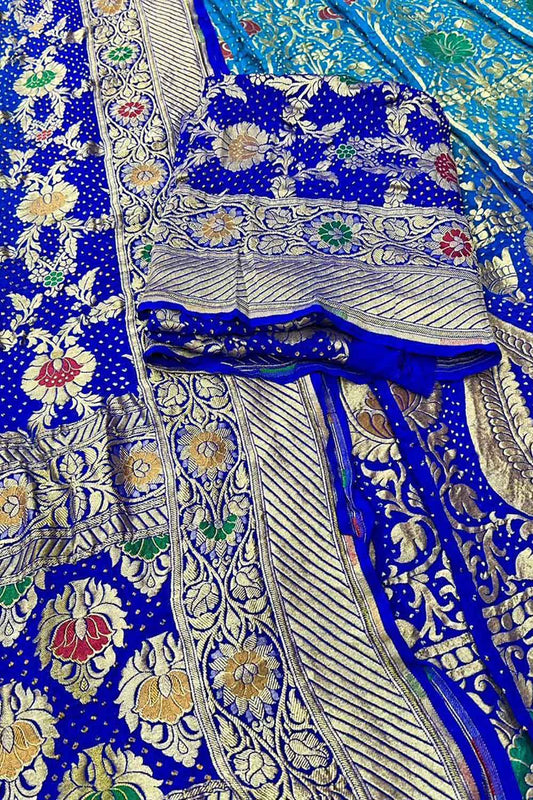 Blue Banarasi Bandhani Pure Georgette Unstitched Lehenga Set - Luxurion World