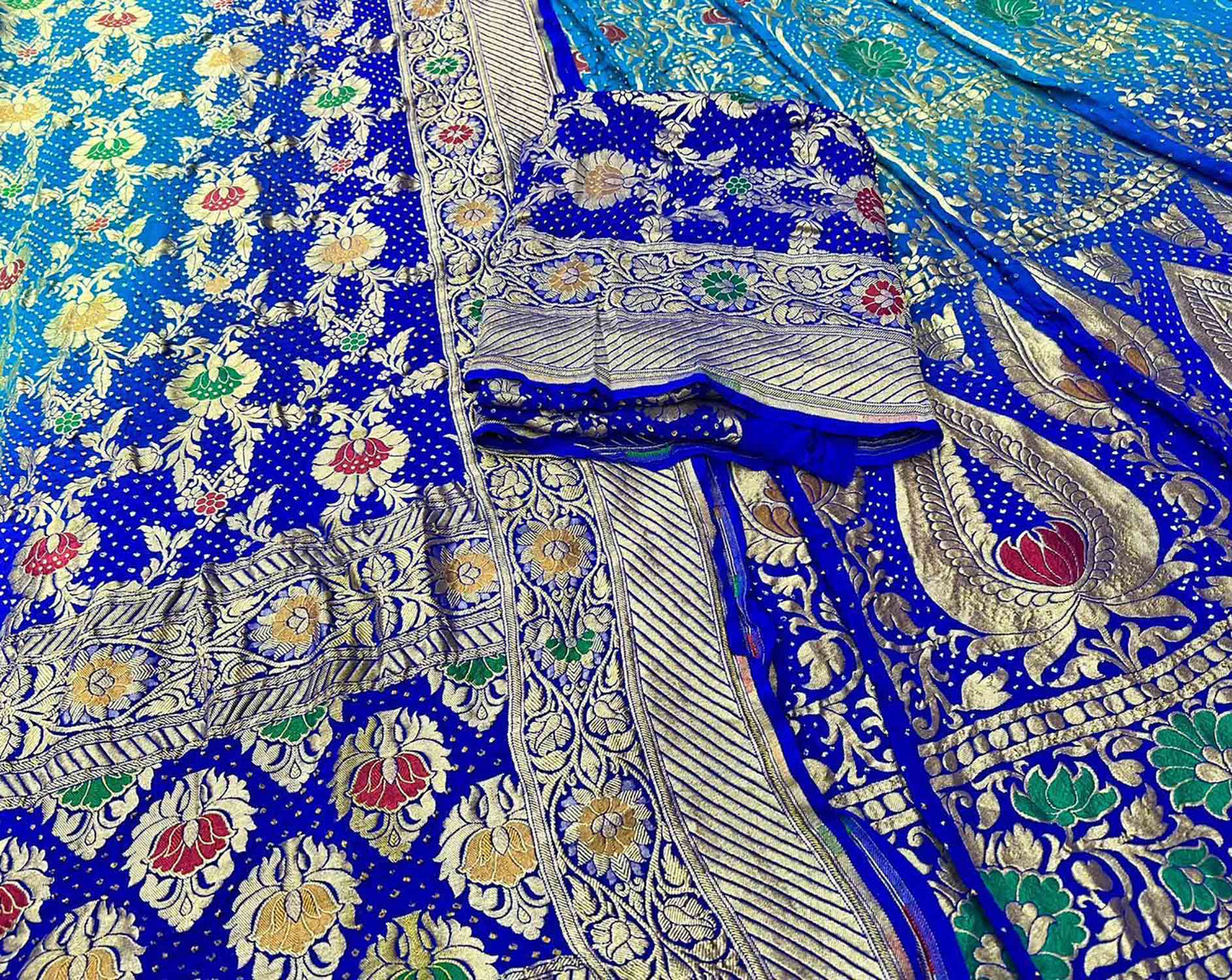 Blue Banarasi Bandhani Pure Georgette Unstitched Lehenga Set - Luxurion World