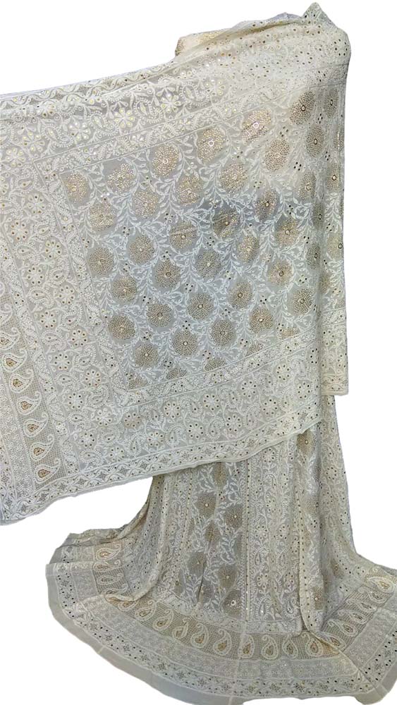 Dyeable Hand Embroidered Chikankari Pure Georgette Semi Stitched Lehenga Set With Mukaish Work - Luxurion World