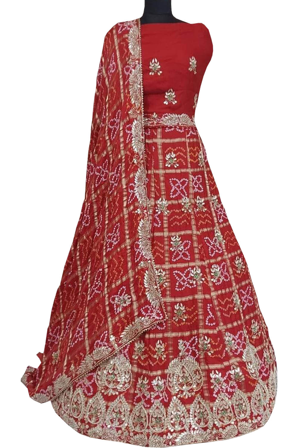 Red Hand Gota Work Gajji Silk Unstitched Lehenga Set - Luxurion World
