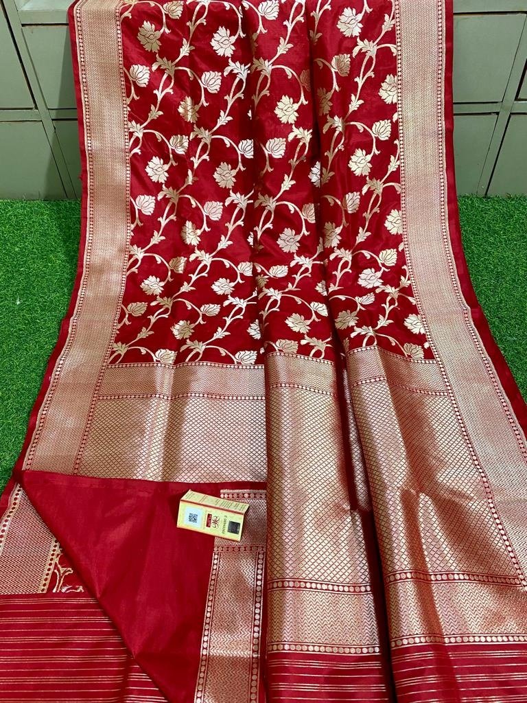 Red Handloom Banarasi Khaddi Pure Katan Silk Saree - Luxurion World