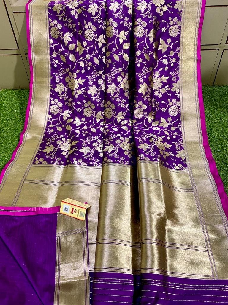 Purple Handloom Banarasi Khaddi Pure Katan Silk Saree - Luxurion World