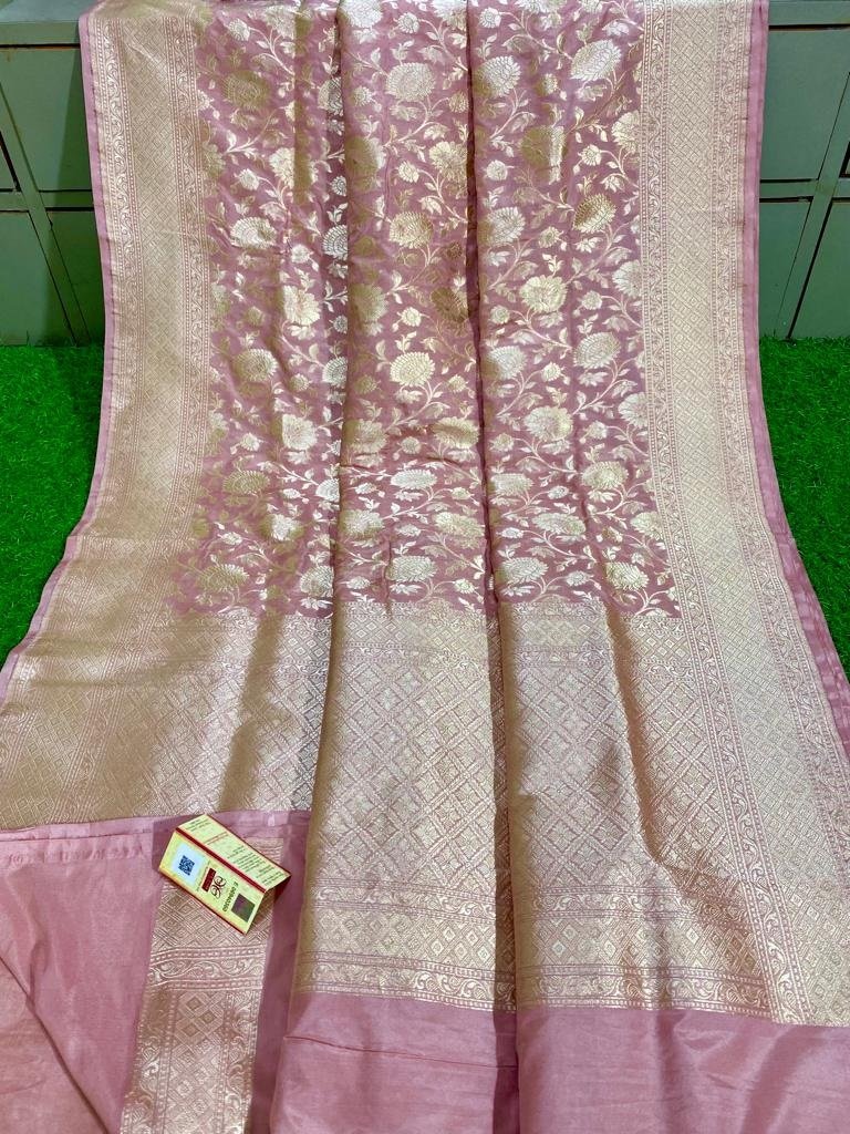 Pink Handloom Banarasi Khaddi Pure Katan Silk Saree - Luxurion World