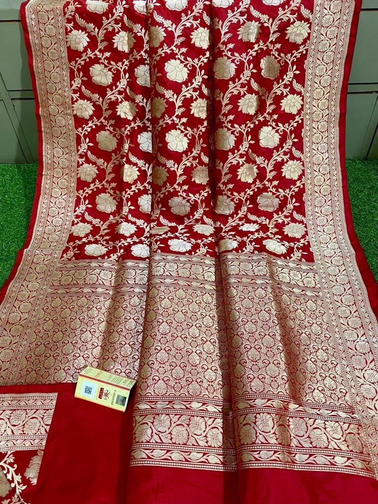 Red Handloom Banarasi Khaddi Pure Katan Silk Saree - Luxurion World