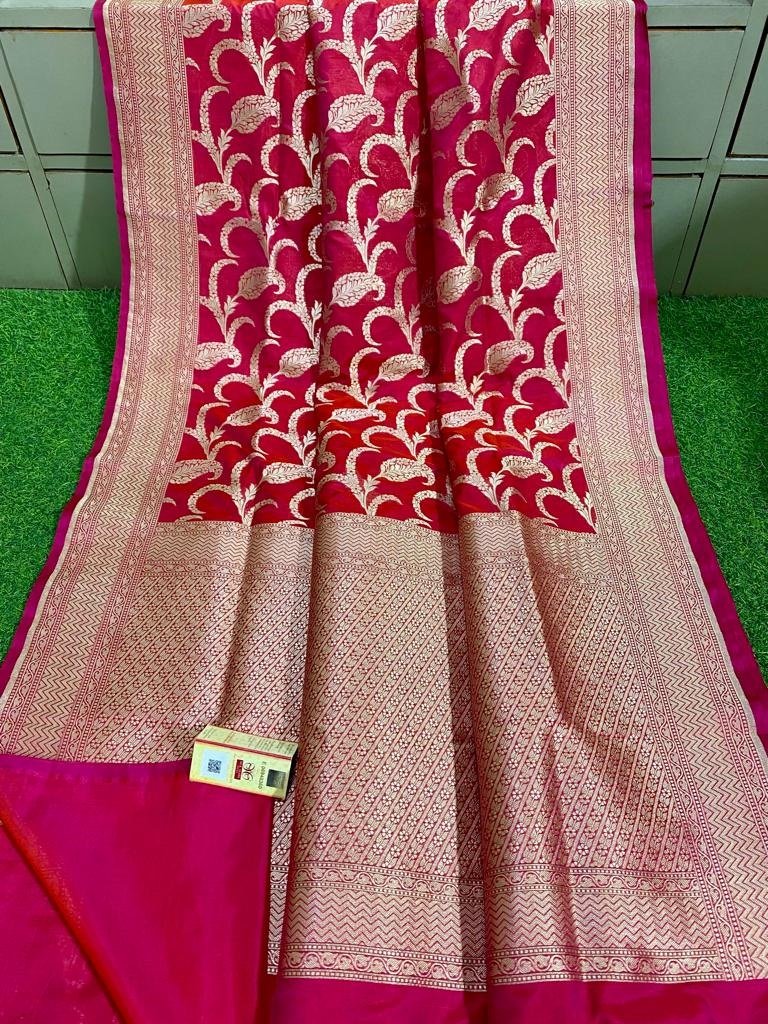 Pink Handloom Banarasi Khaddi Pure Katan Silk Saree - Luxurion World