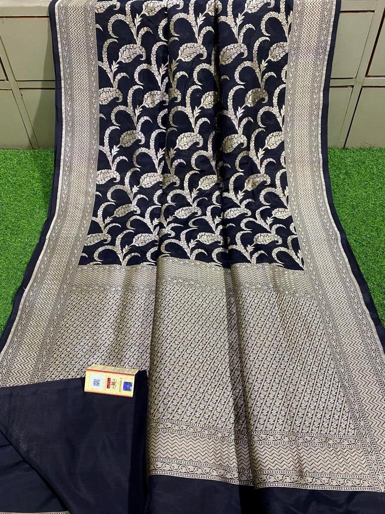 Black Handloom Banarasi Khaddi Pure Katan Silk Saree - Luxurion World