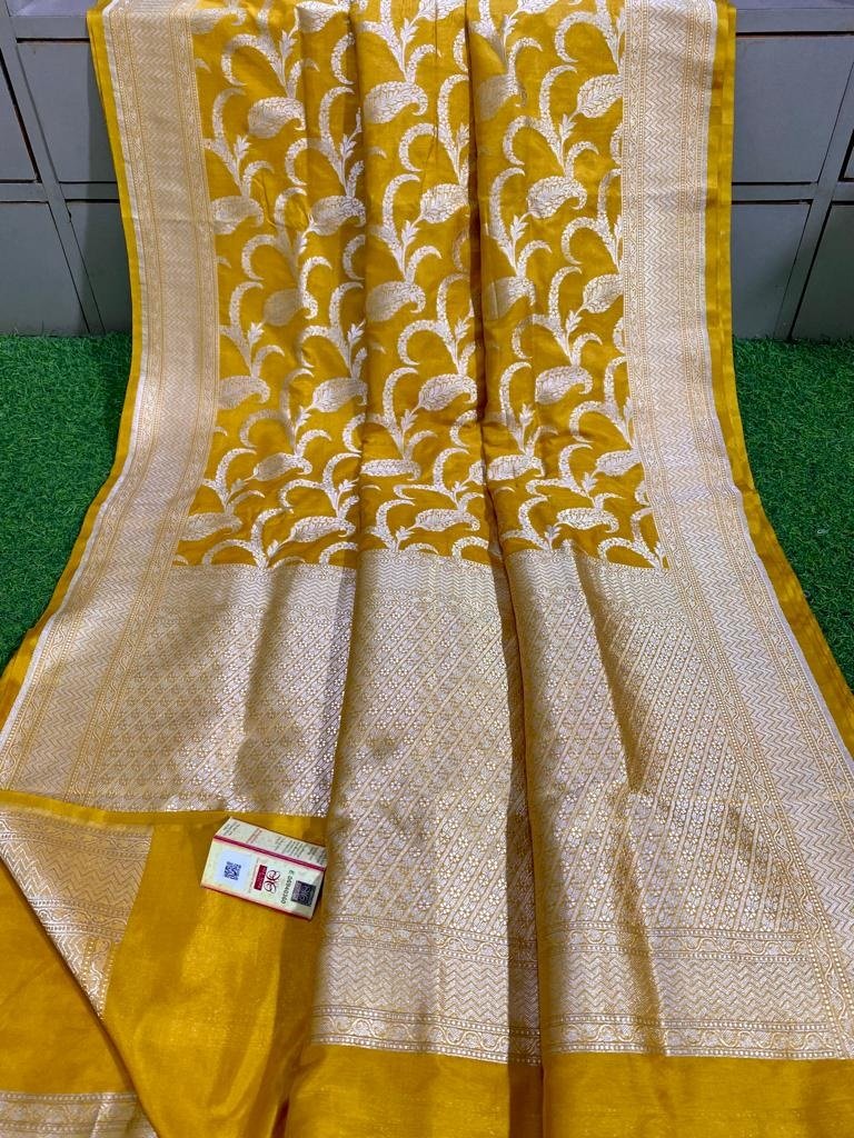 Yellow Handloom Banarasi Khaddi Pure Katan Silk Saree - Luxurion World