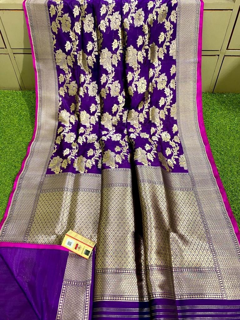 Purple Handloom Banarasi Khaddi Pure Katan Silk Saree - Luxurion World