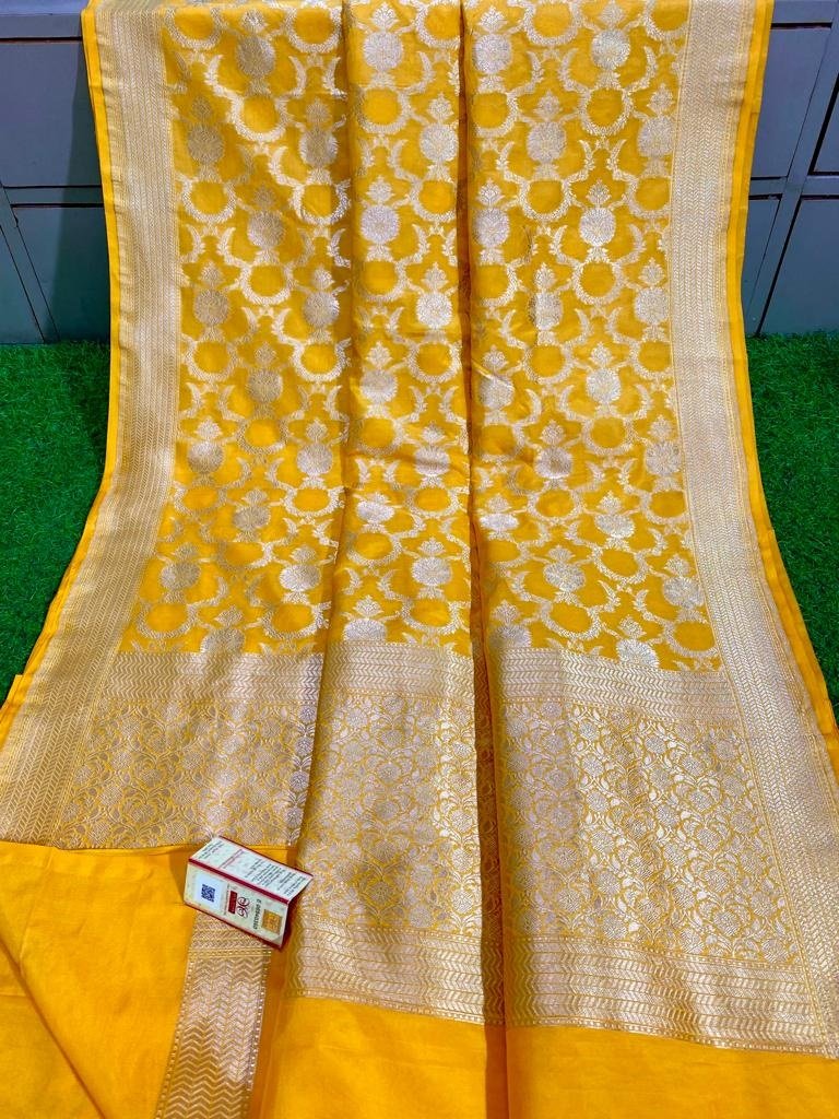 Yellow Handloom Banarasi Khaddi Pure Katan Silk Saree - Luxurion World