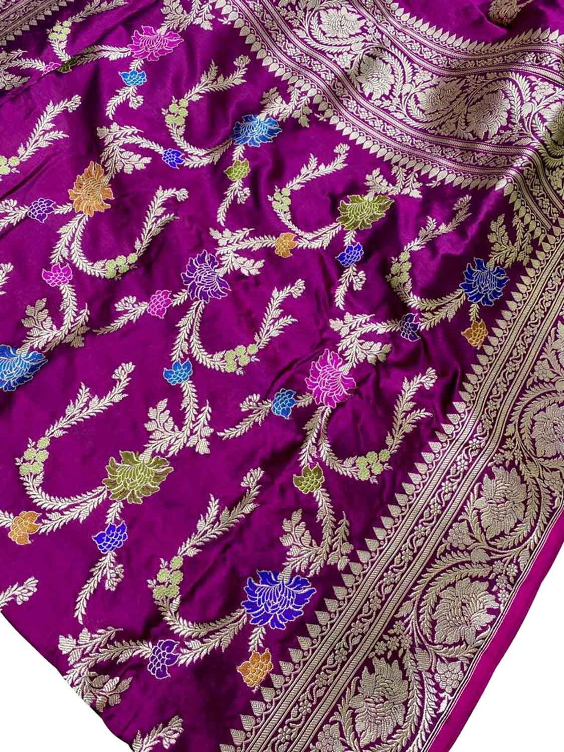 Purple Handloom Banarasi Meenakari Jaal Design Pure Katan Silk Kadwa Weaved Saree - Luxurion World